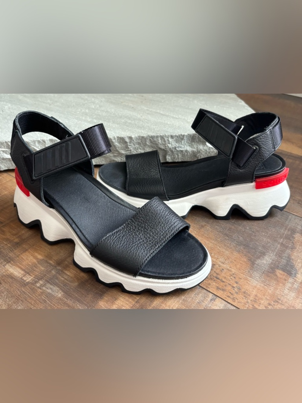 Sorel Black White Red Chunky Sport Sandals